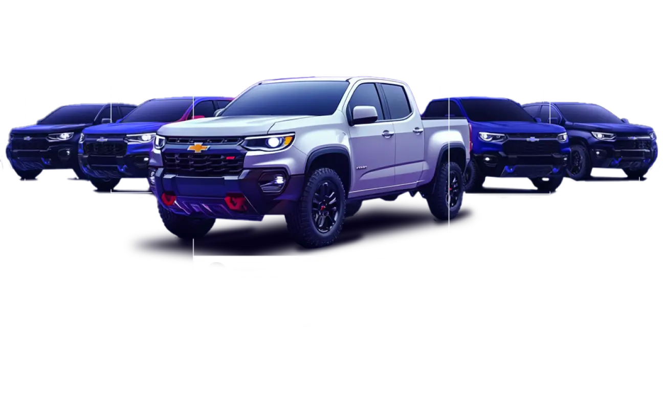 5 Pickup trucks lined up with placeholders for features around them.